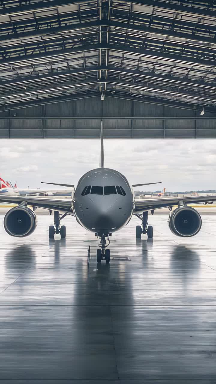 Vertical video: Zooming camera framing plane nose and engines inside hangar bay to show reflections