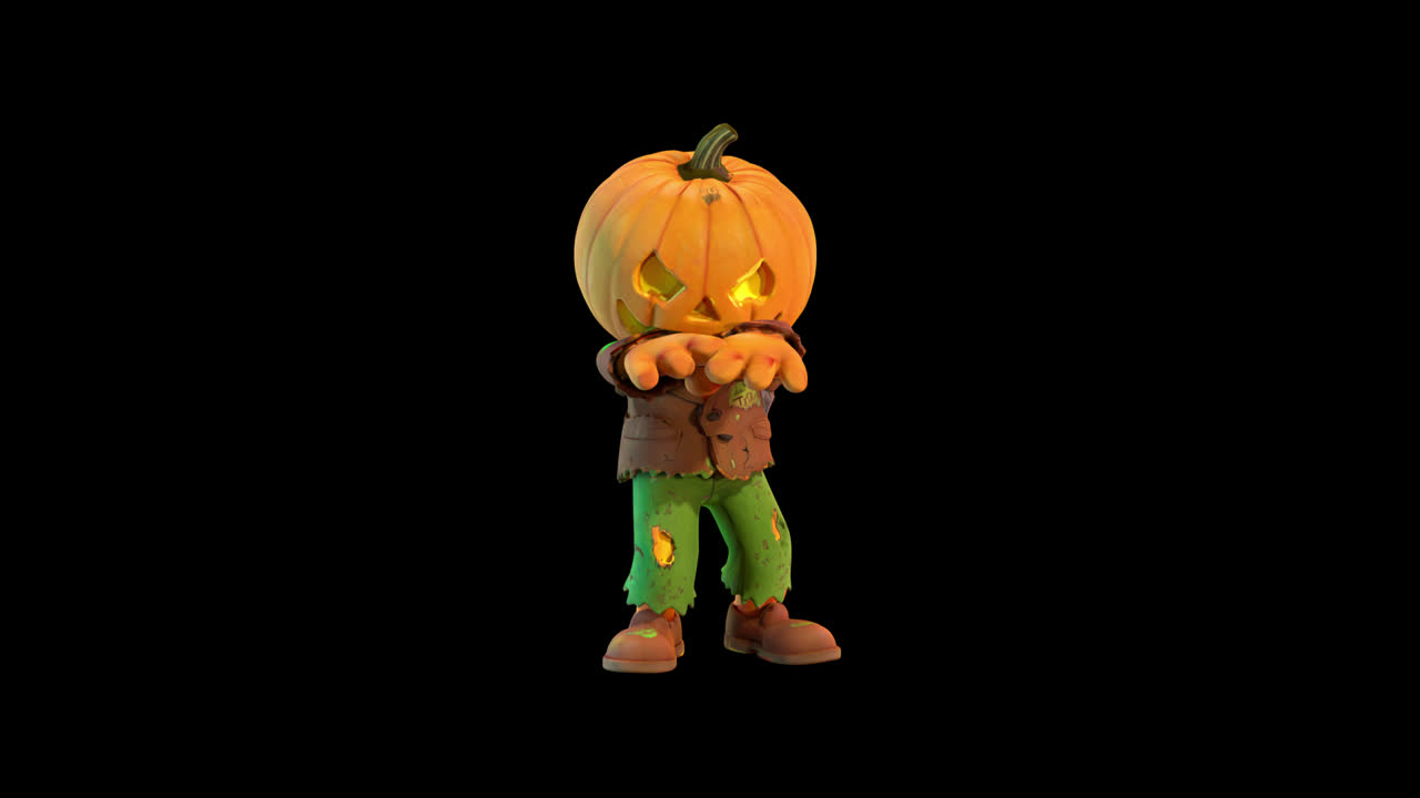 Personaggio animato con testa di zucca che fa la camminata da zombie