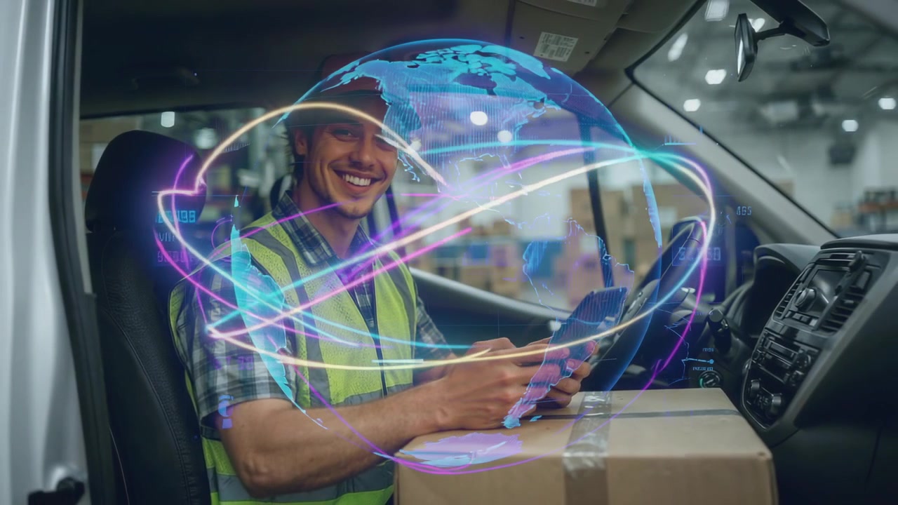 Delivery driver holding tablet over package, checking shipment info in van, with hologram