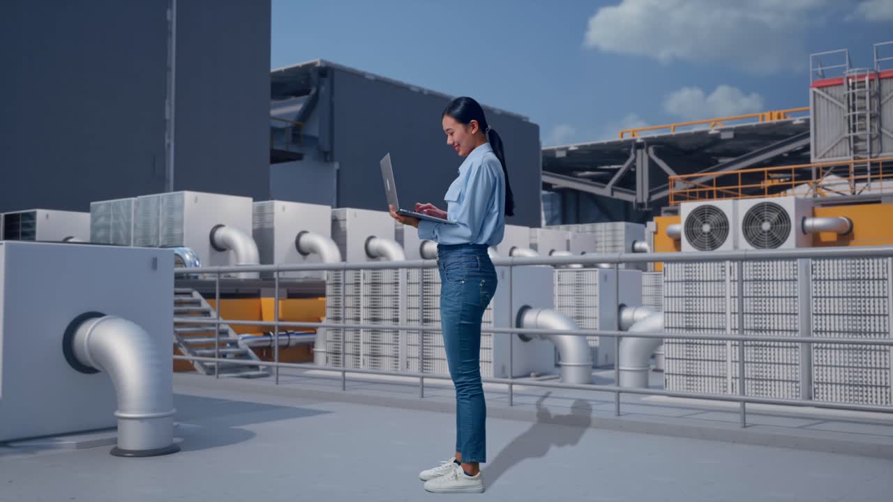 Full Body Side View Of Asian Female With Her Laptop, Worker Inspecting Rooftop HVAC Units in Industrial Building, Typing On Her Laptop'S Keybaord With Meditation