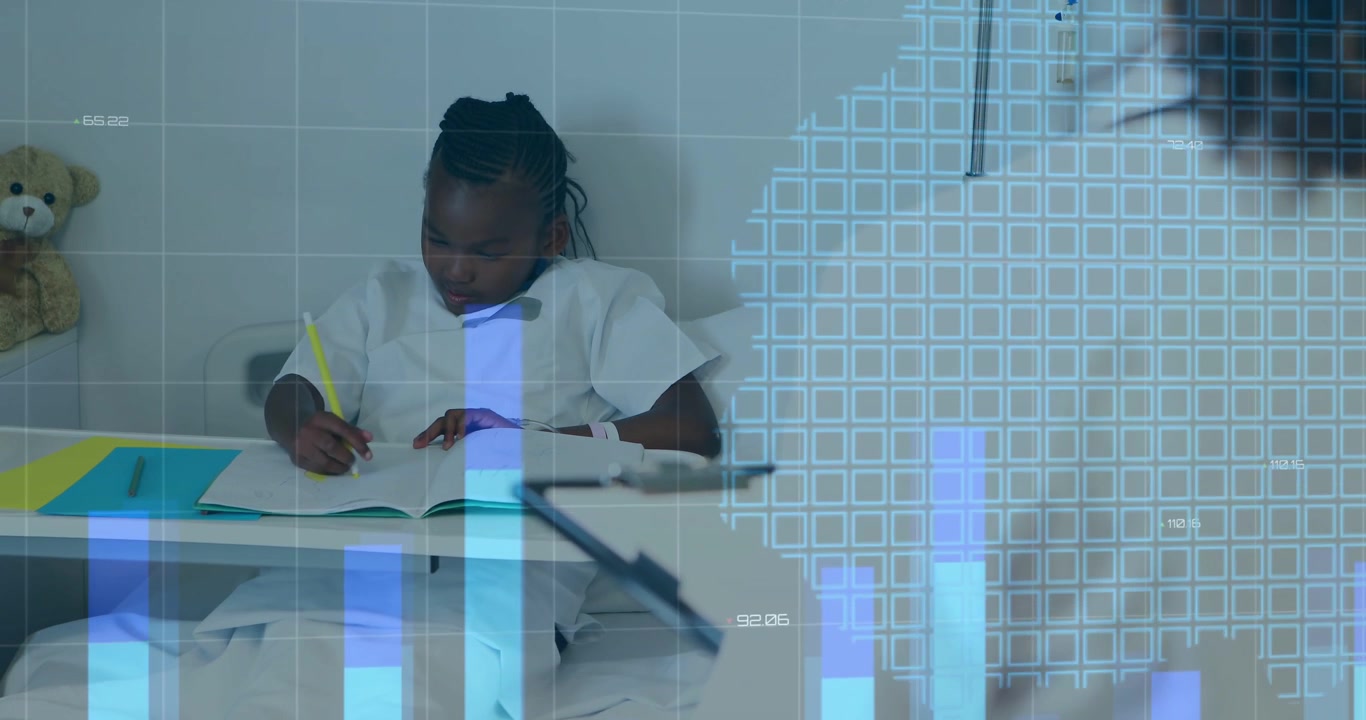 Child patient writing notebook at bed tray with marker while system overlay animating health charts