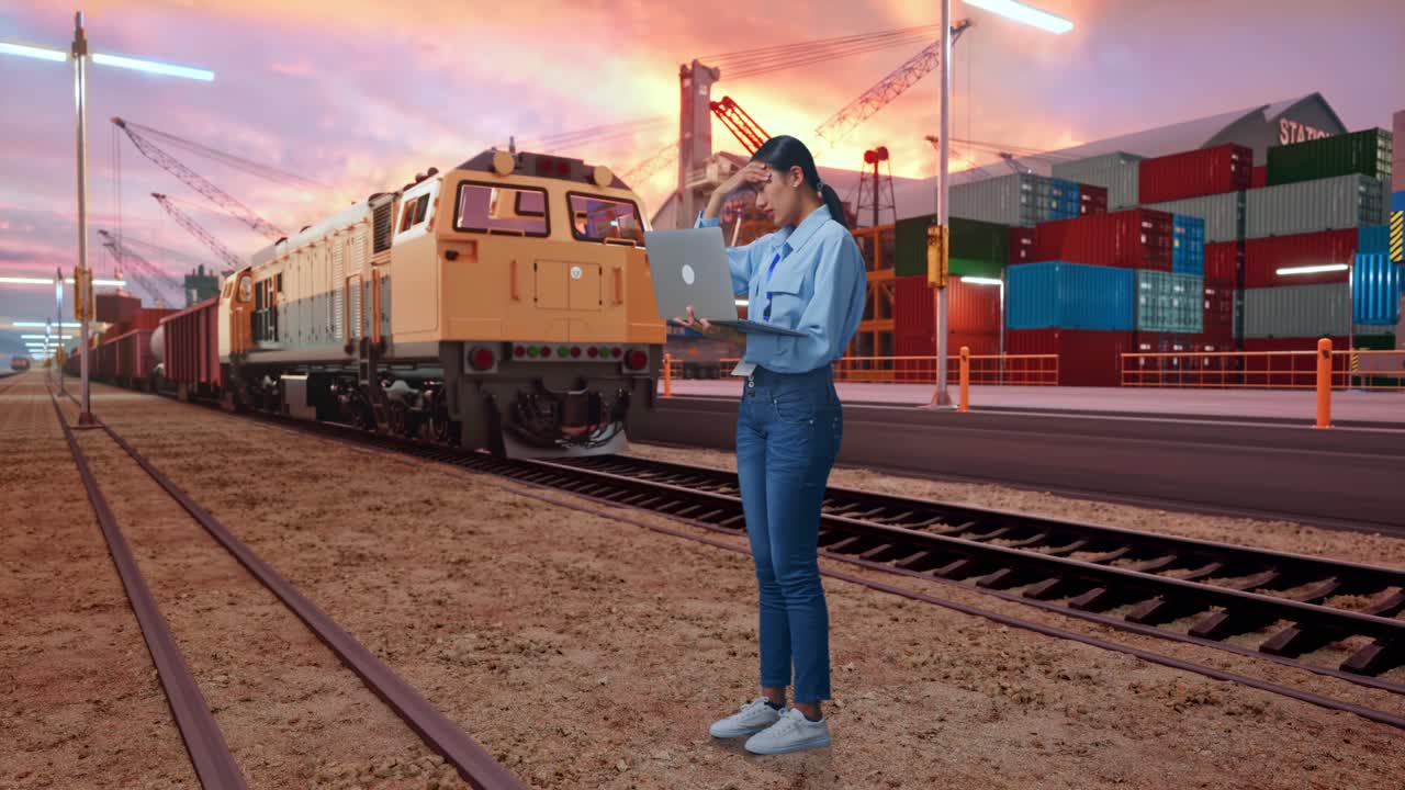 Full Body Side View Of Asian Female With Her Laptop With Freight Cargo Train At Port, Typing And Dissapionted With Nodding Her Shead