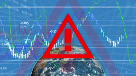 attention sign over globe spinning against stock market data processing