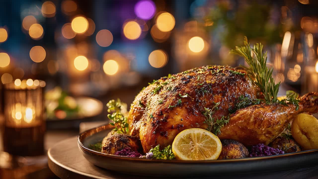 A beautifully roasted golden-brown chicken garnished with fresh herbs and lemon, elegantly presented on a platter against a softly lit background of warm bokeh lights