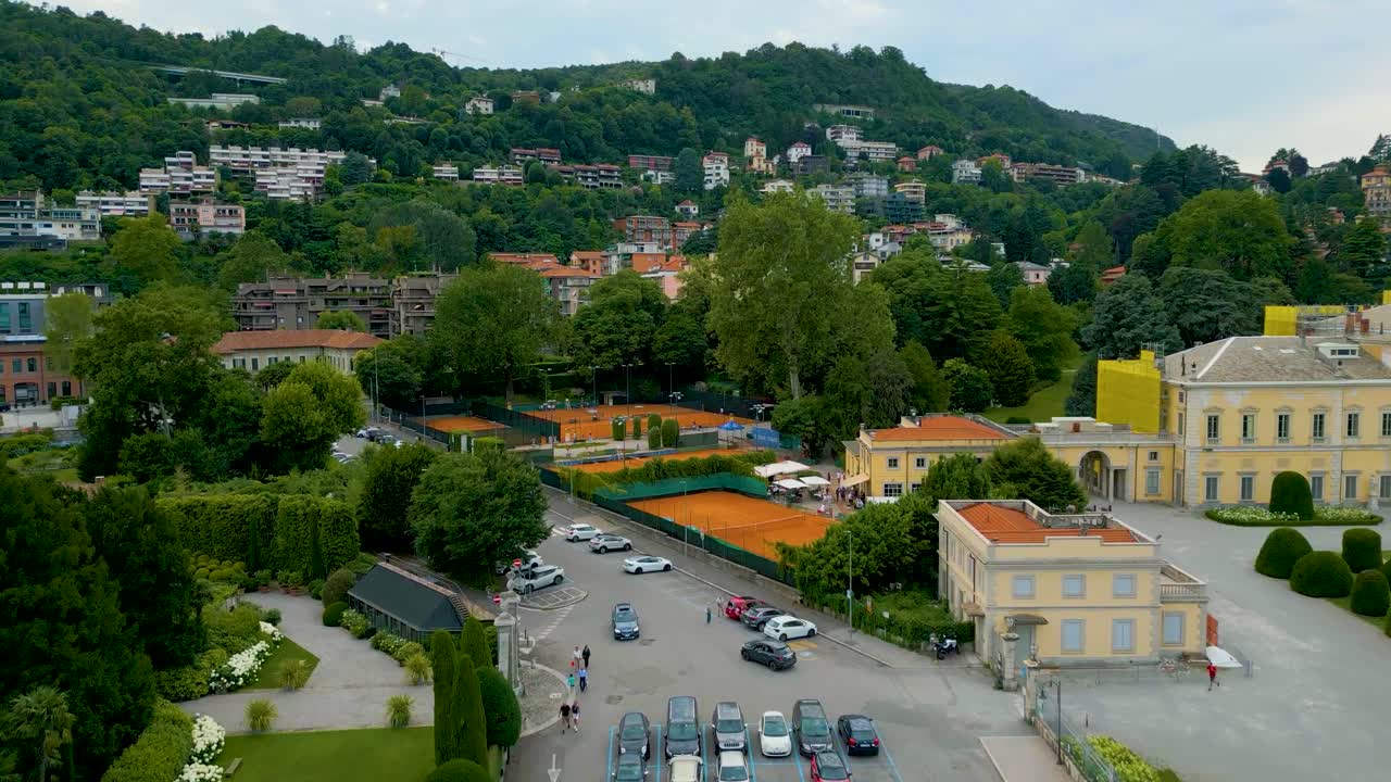 4K Aerial Drone Video of the Tennis Courts at the Beautiful Lakeside Villa Olmo on Lake Como, Italy