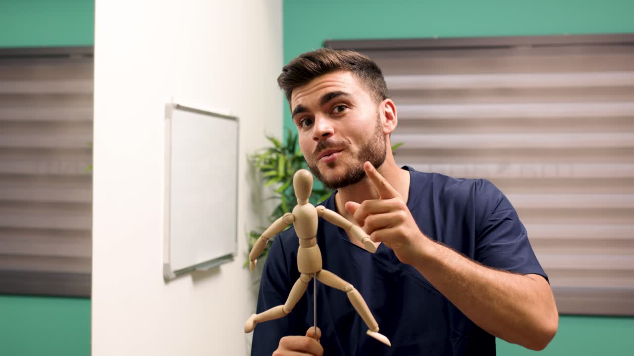 Medical Professional Explaining Human Anatomy with a Wooden Mannequin