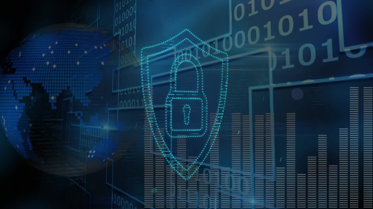 video digital del globo y codificación binaria con el logotipo de seguridad de la red informática