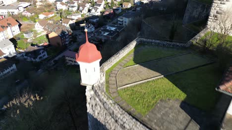 Aarburg-Aargau-Switzerland-fly-over-rooftop-terrace-and-look-into-village