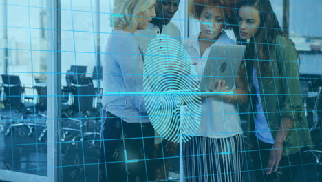 fingerprint and data grid animation over diverse team collaborating in office