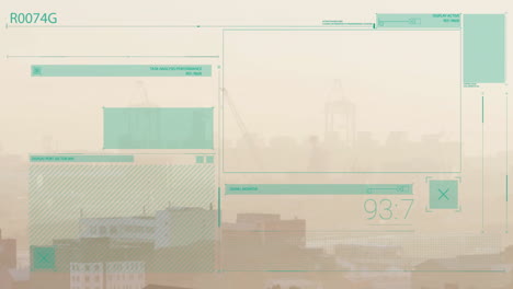 data analysis and performance metrics animation over industrial cityscape