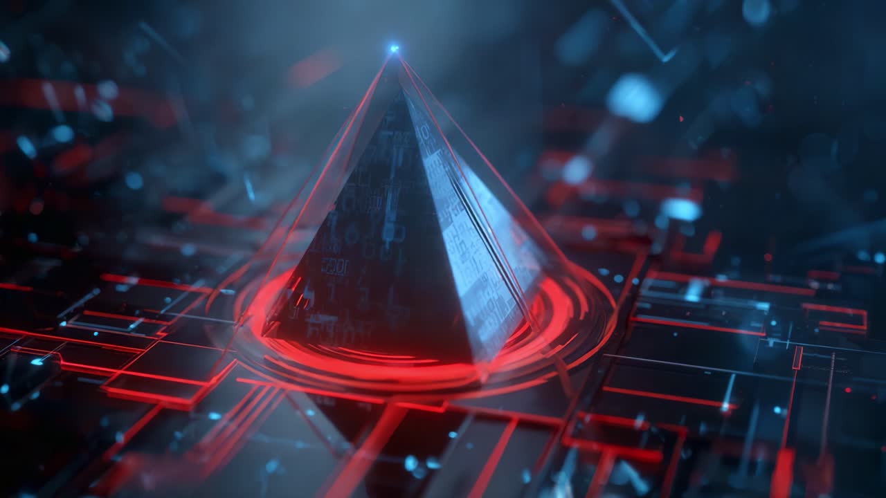 Futuristic Pyramid in Digital World: A 3D Rendering of a Floating Pyramid Surrounded by High-Tech Circuitry and Glowing Red Accents, Representing Advanced Technology Concepts