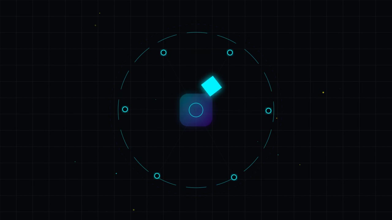 Abstract Digital Interface with Rotating Glowing Cube and Circular HUD