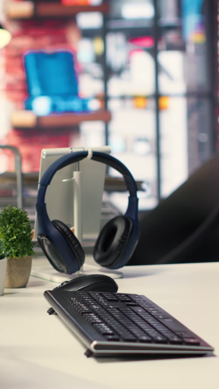 Vertical Video Empty AI developer desk including a monitor filled with neural network data