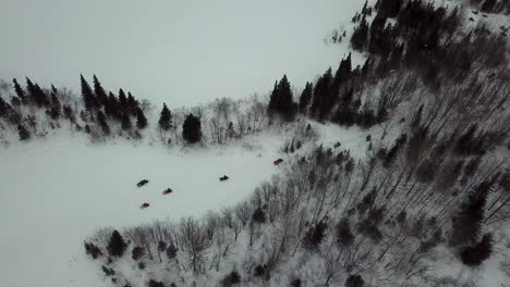 Drohne-Schoss-Von-Oben-Von-Schneemobilfahrern,-Die-Ihren-Weg-In-Den-Wald-In-Chibougamau,-Quebec-Machten