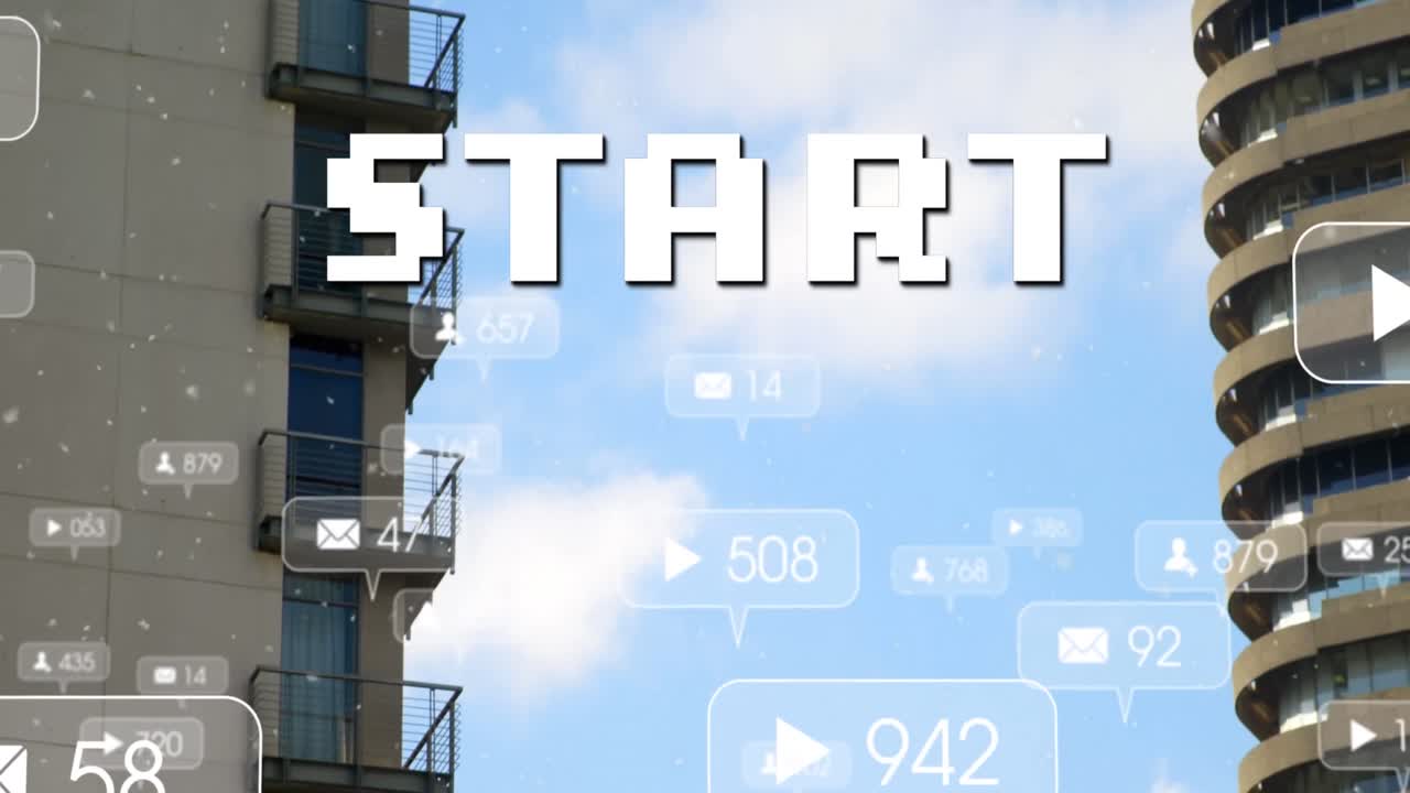 시내 풍경 위에서 성장하는 시작 텍스트와 숫자의 애니메이션