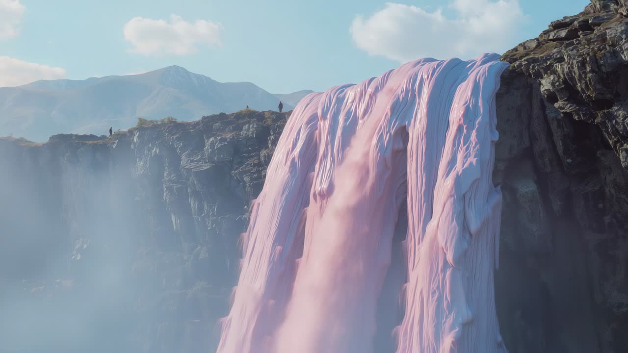 Mountain stream feeding pink waterfall cascading in gorge over rock cliff, mist rising above peaks