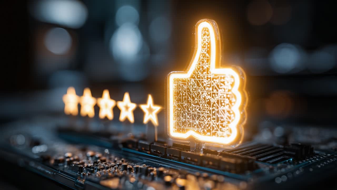 A Bright Thumb-Up Gesture Illuminating Five Stars on a Circuit Board, Symbolizing Approval and Positive Feedback in a Technology-Driven Environment