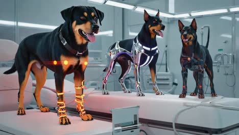 cybernetically enhanced dogs in a futuristic lab