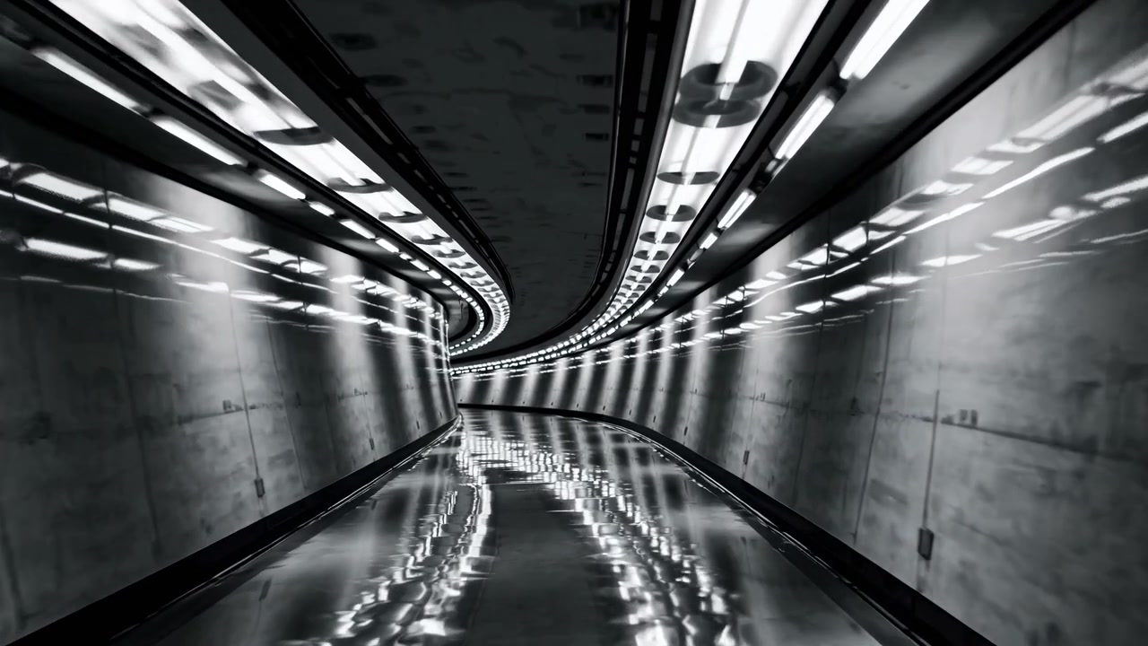 Muoversi attraverso un tunnel moderno e futuristico con superfici riflettenti