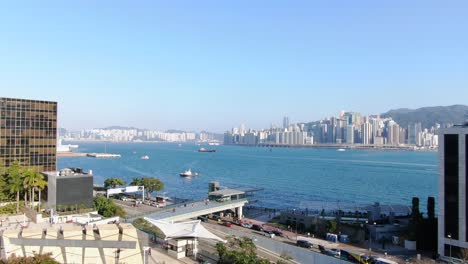 Hong-Kong-bay-and-Skyline-on-a-beautiful-day,-Aerial-view