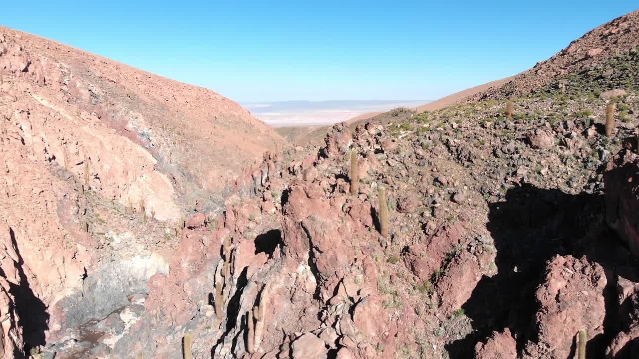 toma cinematográfica aérea dentro de un popular lugar de trekking en el cañón de cactus gigante cerca de san pedro de atacama en el desierto de atacama, norte de chile, sudamérica