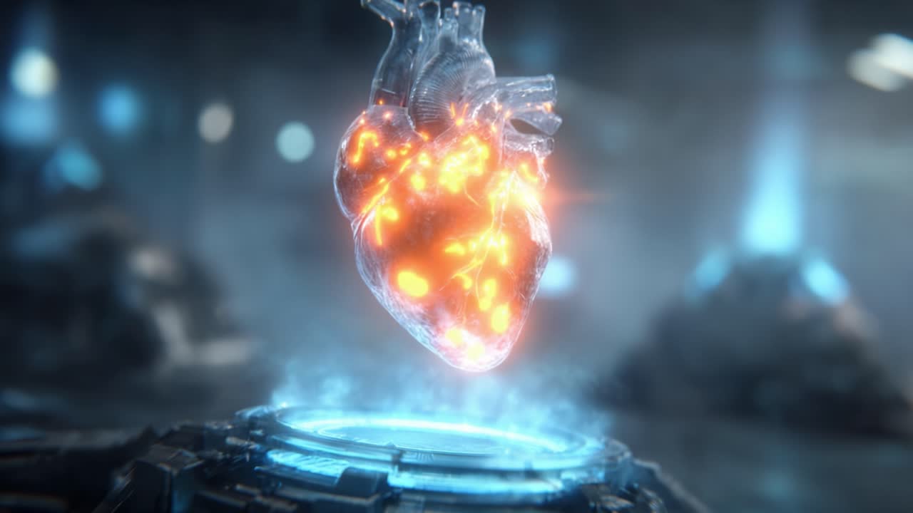 Una visualizzazione straordinaria di un cuore pieno di energia: uno sguardo affascinante alla dualità tra vita e tecnologia catturata in una CGI mozzafiato con una transizione dinamica del cuore