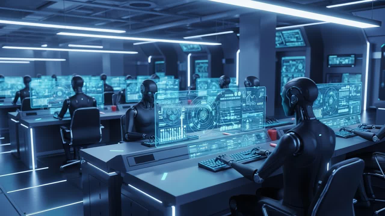 A High-Tech Control Center Filled with Futuristic Androids Analyzing ...