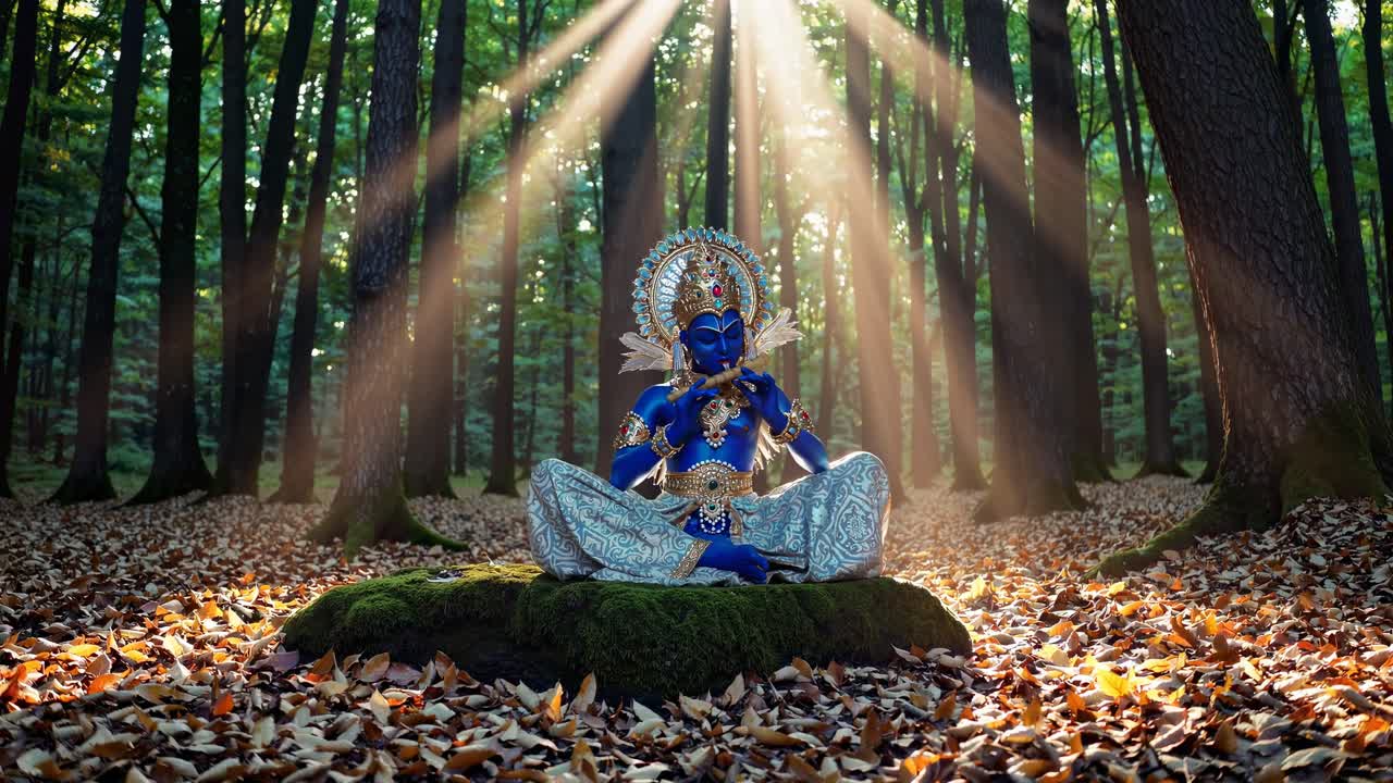 A mystical blue deity sits cross-legged on a forest floor, surrounded by tall trees and illuminated