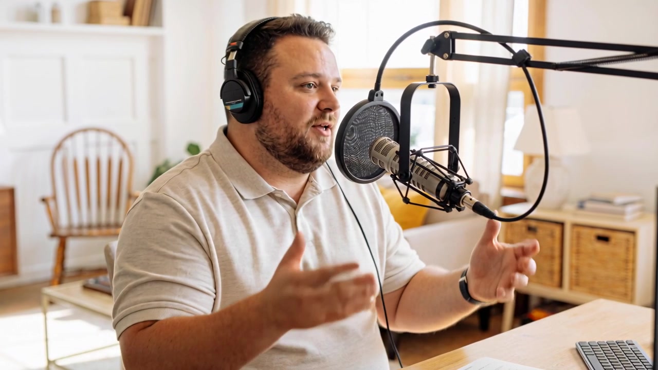 Avvio della registrazione di un podcast, il creatore in polo parla e gesticola in uno studio casalingo con microfono e cuffie.