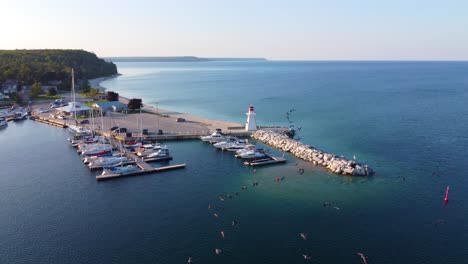 Schöner-Pier-Am-Lake-Huron-In-Kanada,-Luftaufnahme