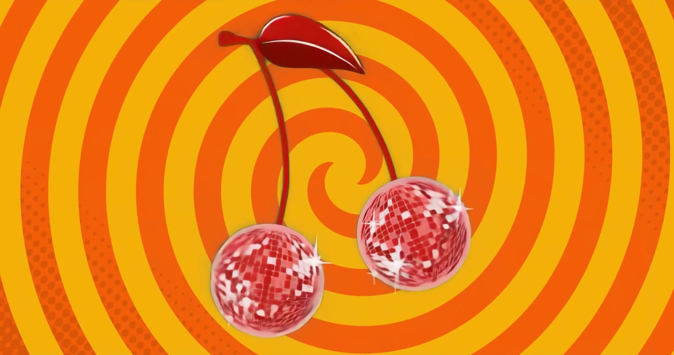 Spirale che ruota facendo oscillare ciliegie a specchio con riflessi scintillanti, creando un effetto ipnotico.