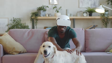 cheerful black man using vr headset and touching dog at home