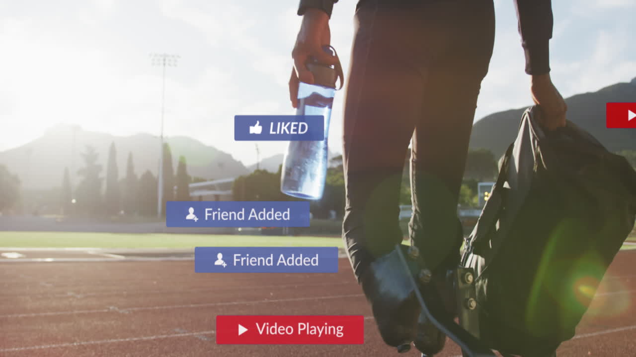 Animation of notification bars, biracial athlete walking in race track with water bottle and bag