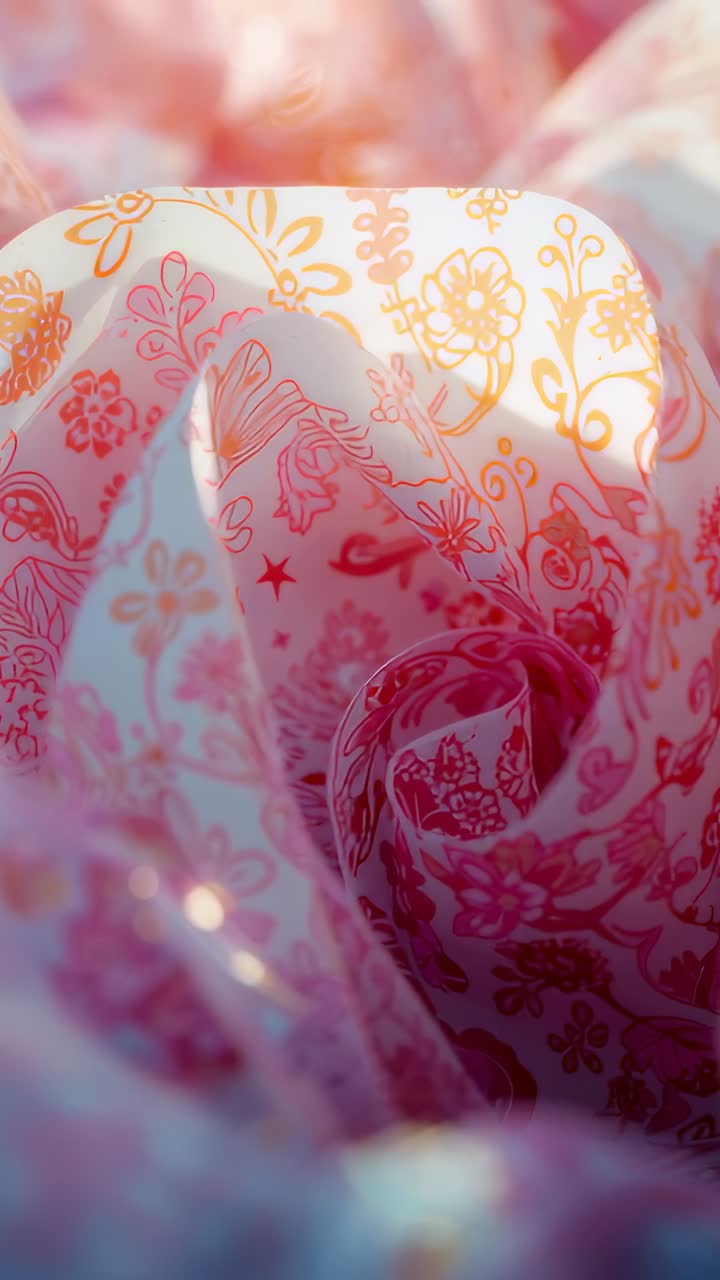 Vertical video: Undulating pink orange floral fabric shifting in breeze in studio, with warm glow
