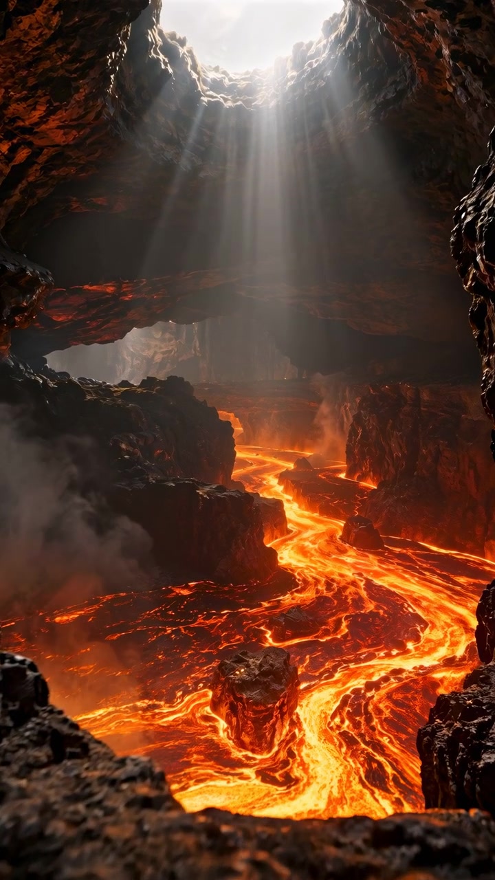 Bright molten rock moves along a winding channel between black stone walls as pale light pours through an opening overhead, revealing drifting haze and rugged cavern textures.