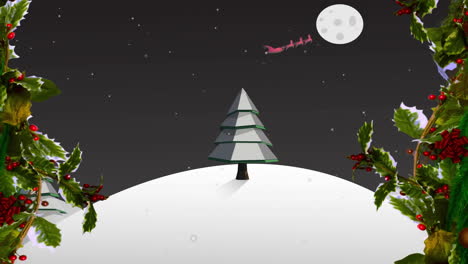 decoración de corona de navidad sobre la nieve que cae sobre el paisaje de invierno contra un fondo gris