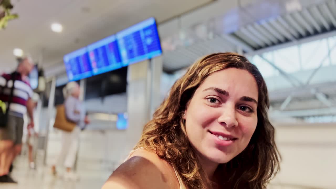 Woman in Airport Looking at Departure Screen, Anticipating Travel