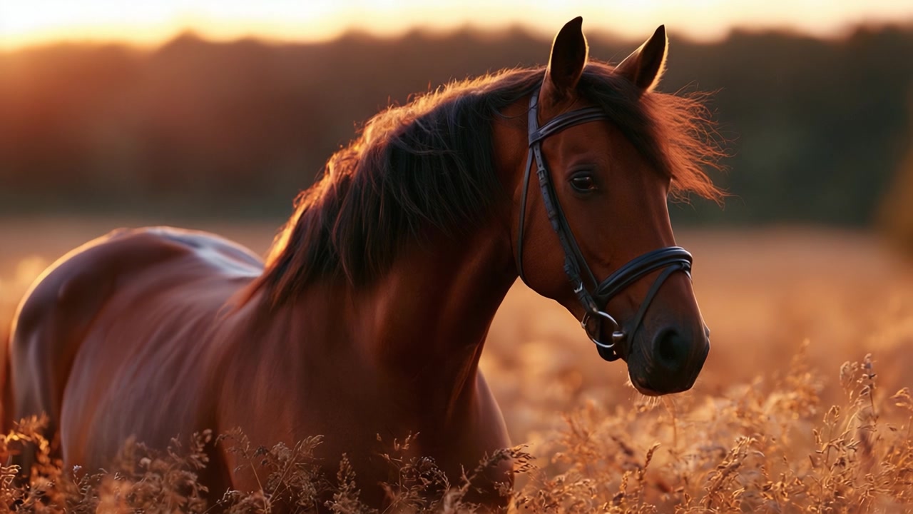 Maestoso cavallo al tramonto dorato, che si erge con grazia in un campo di erba alta con una luce calda e soffusa che ne enfatizza la bellezza e la forza.