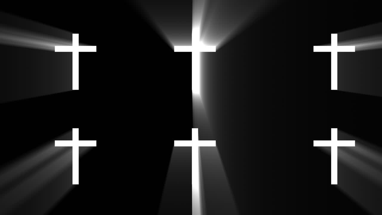 6 White Christian Crosses Religious Symbol with Light Rays Emitting Powerfully on Black Background. Religious presentations, worship backgrounds, and minimalist faith-based branding. 4K Animation