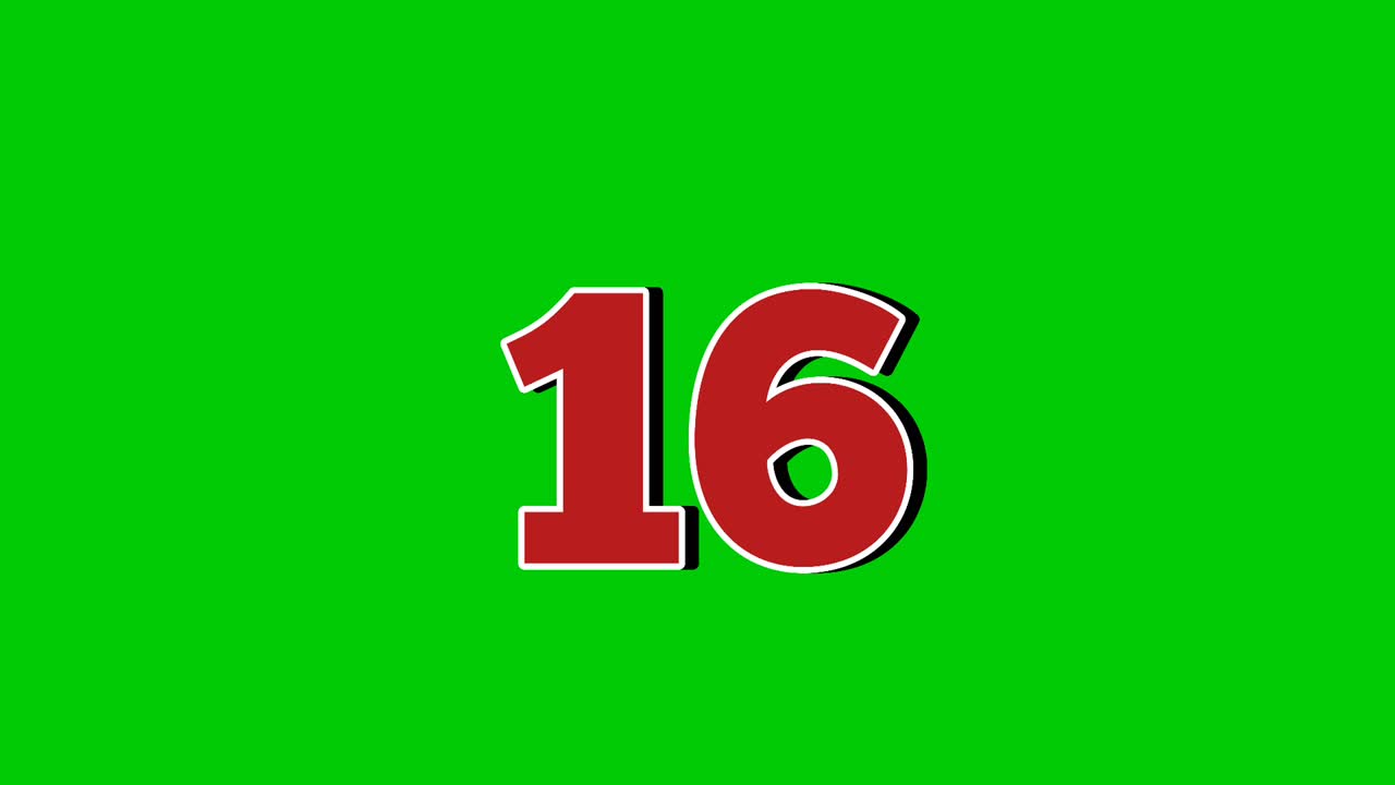Animazione del simbolo del numero 16, grafica animata in stile cartone animato su sfondo green screen. Rivelazione del numero rosso su elementi video con fumo.
