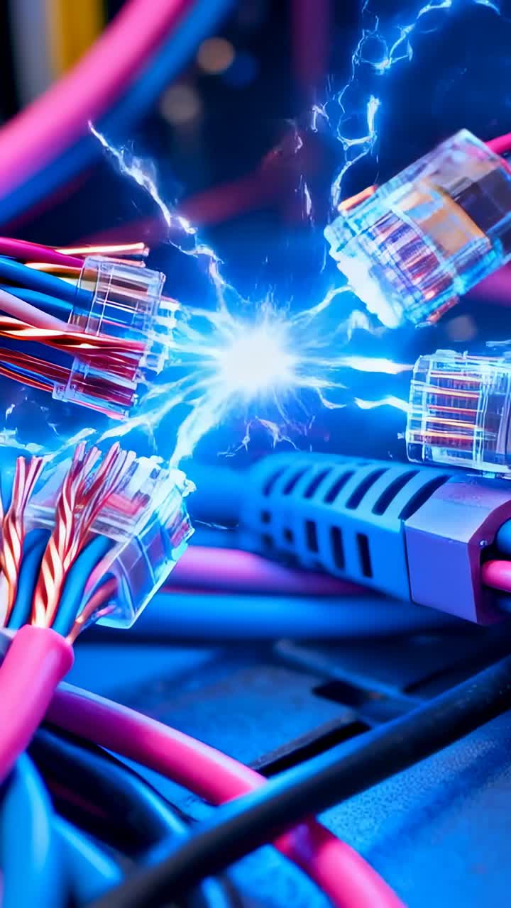Vertical video: Sparking RJ45s and twisted copper creating blue arc on bench, suggesting data flow
