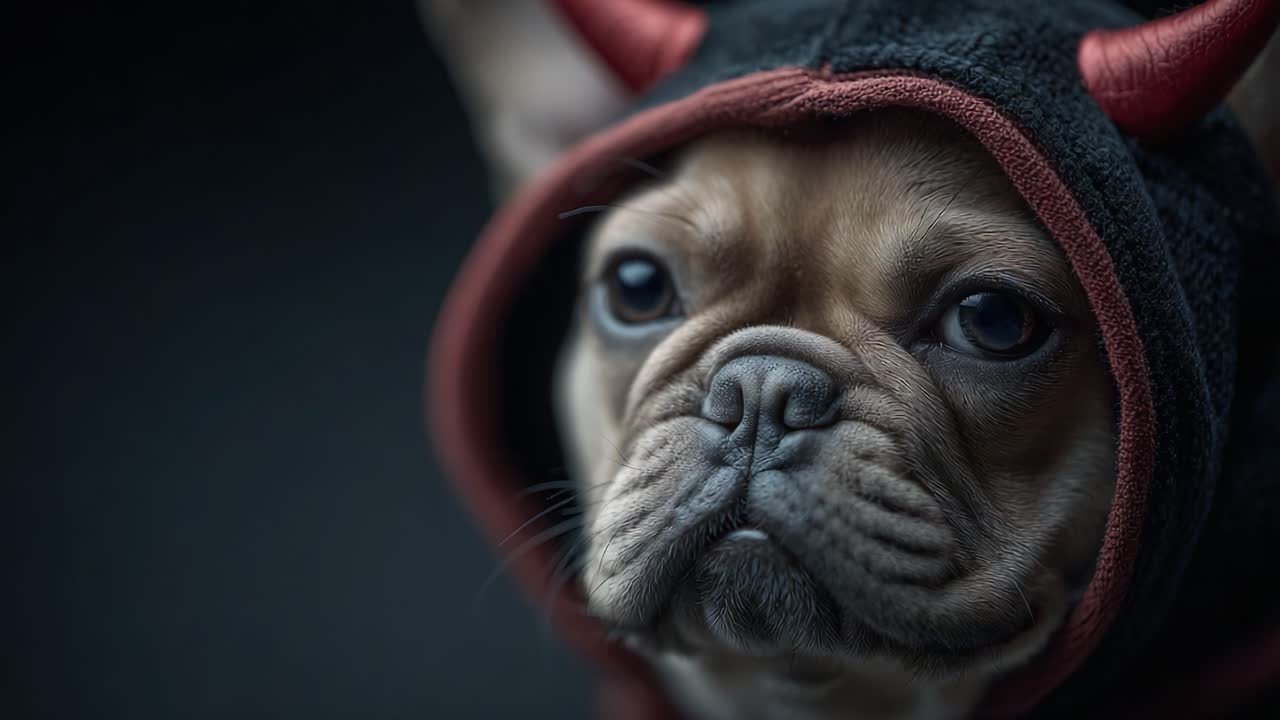 A charming French bulldog dressed in a playful devil costume, featuring adorable horns and a cozy hood, showcases a captivating expression that's hard to resist
