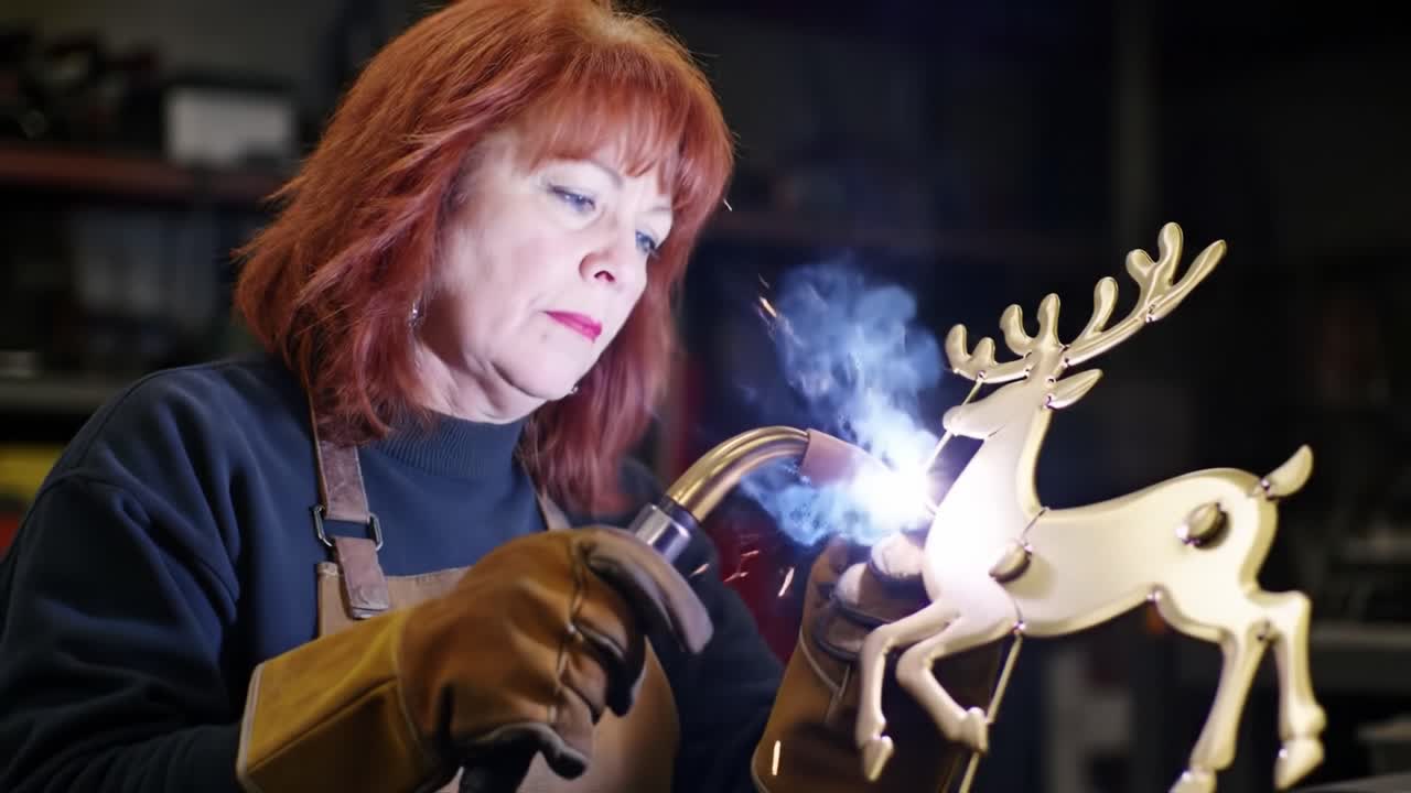 Woman Welding a Metal Christmas Deer