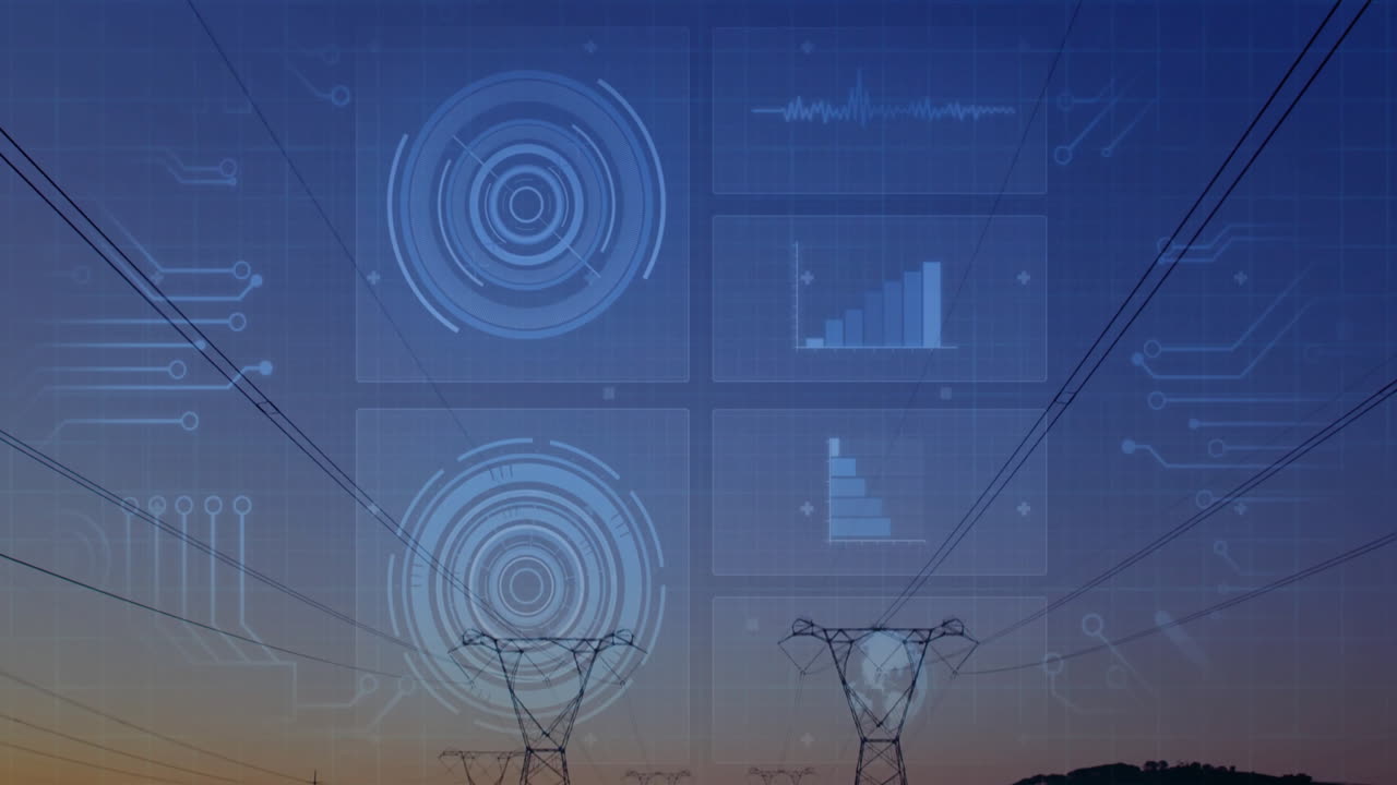 Transmission towers silhouette glowing against dusk sky, featuring flat design HUDs and bar charts