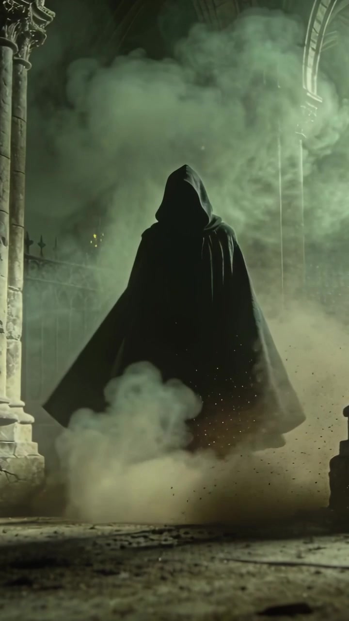 Video verticale: Polvere che erutta ai piedi, figura ammantata che levita in un arco gotico, evocando nebbia