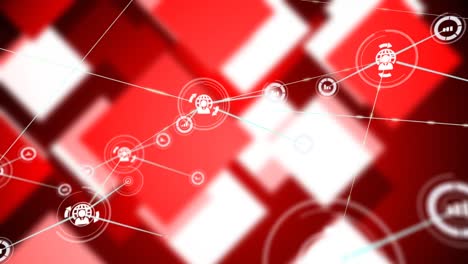 Animation-of-network-of-connections-with-icons-over-shapes-on-red-background
