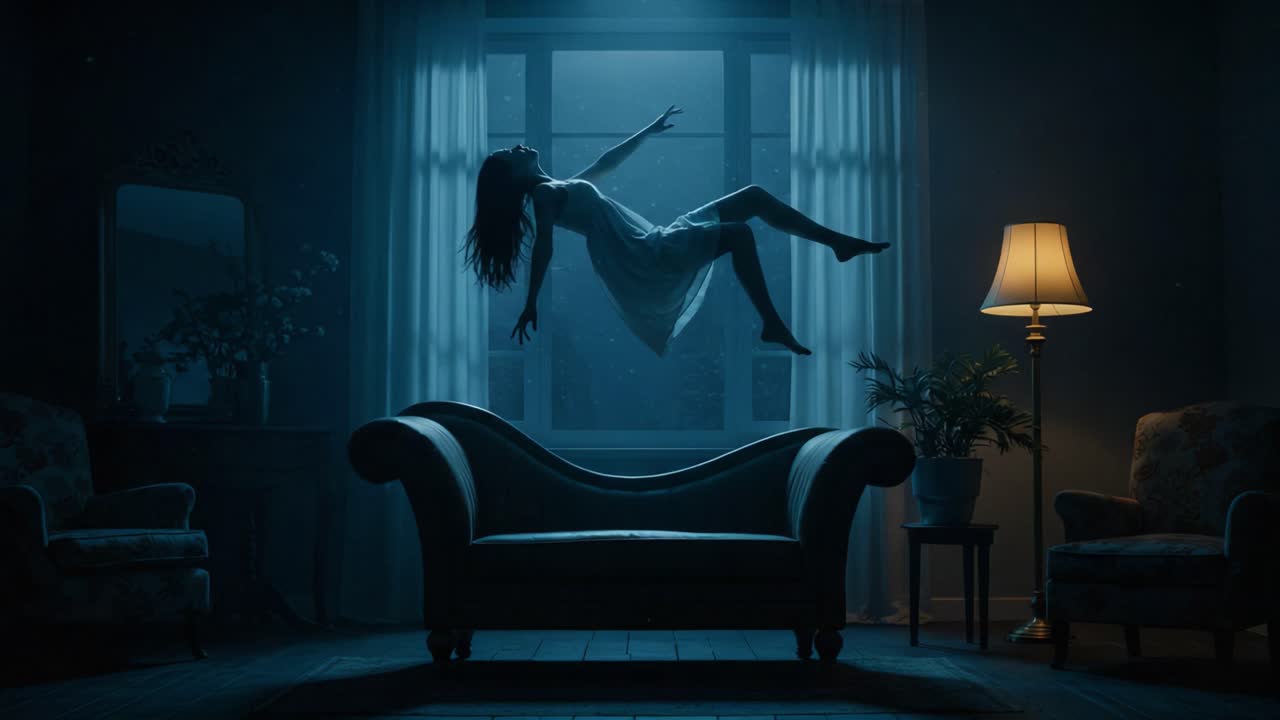 A Haunting Scene Captured in Frames: A Mysterious Woman Levitates Above a Couch in an Enigmatic Room, Bathed in Soft Blue Light and Shadows