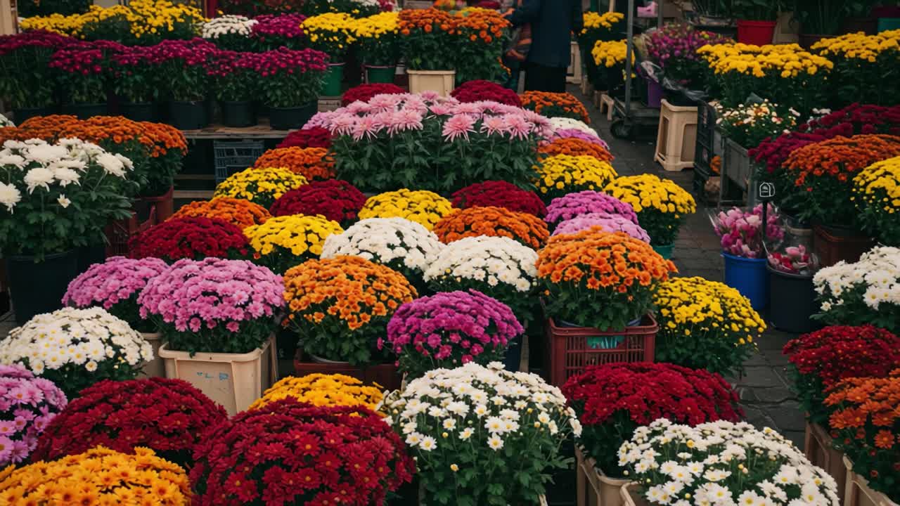 Vibrant Floral Display at a Colorful Flower Market Featuring an Array of Chrysanthemums in Diverse Hues Captivating Visitors with Their Beauty and Fragrance