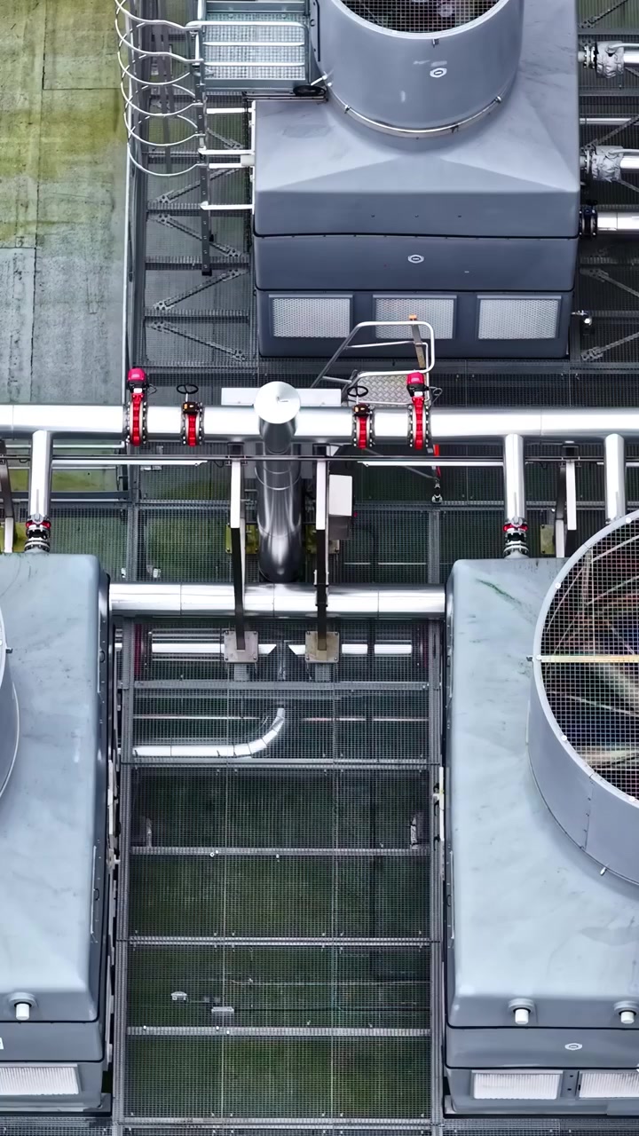Large rooftop industrial HVAC fans spinning above a metal maintenance platform