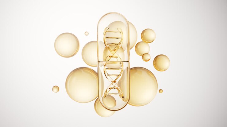 медицинская капсула с золотыми пузырьками на заднем плане, 3d-рендеринг.